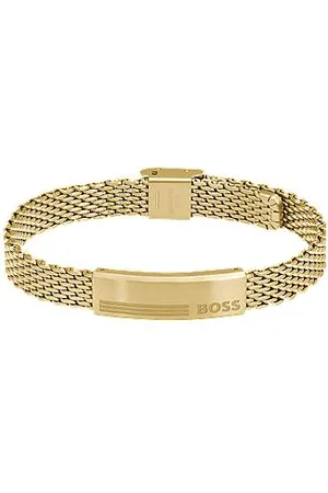 HUGO BOSS Goldfarbenes Mesh-Armband mit Logo-Plakette