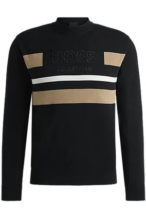 HUGO BOSS Reitsport-Pullover aus Baumwolle mit V-Ausschnitt und kontrastfarbenen Streifen