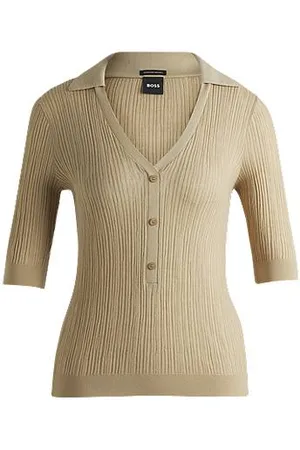 HUGO BOSS Kurzärmeliger Strickpullover mit Kragen und Knopfleiste