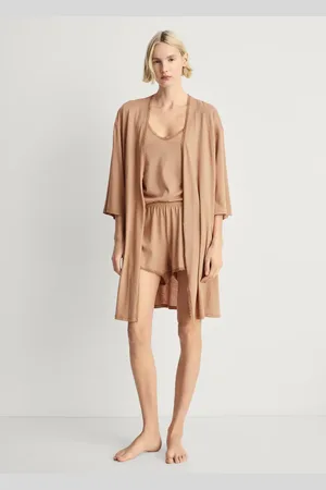 MANGO Baumwoll-Morgenmantel mit farblich kontrastierender Spitze - Damen - L