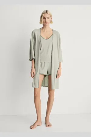 MANGO Baumwoll-Morgenmantel mit farblich kontrastierender Spitze - Damen - L