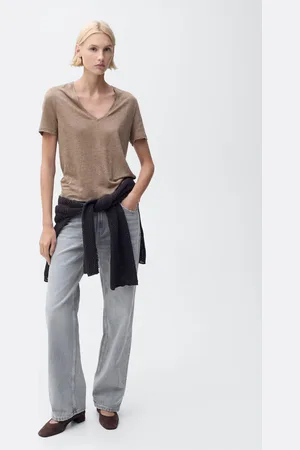 MANGO Leinen-T-Shirt mit V-Ausschnitt - Damen - M