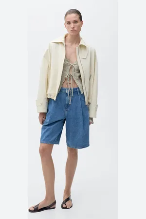 MANGO Wideleg-Jeansbermudashorts mit Bundfalten - Damen - 36