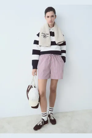 MANGO Gestreifte Popeline-Shorts mit aufgesticktem Schriftzug - Damen - L