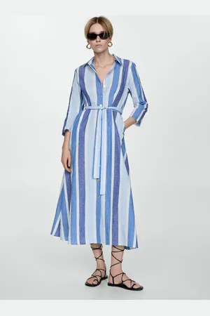 MANGO Gestreiftes Leinenkleid mit Gürtel - Damen - S