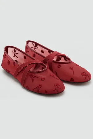 MANGO Ballerinas mit Kreuzriemen und Blumenstickerei - Damen - 37