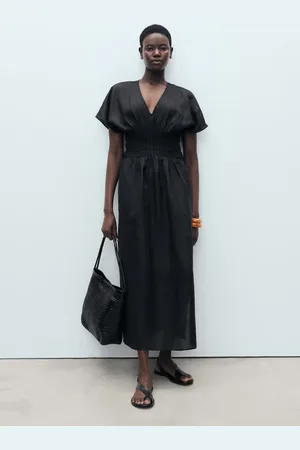 MANGO Langes Leinenkleid mit gerafftem Einsatz - Damen - XS