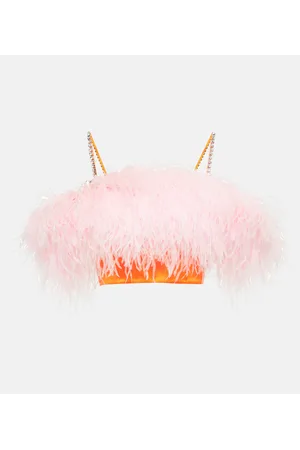 Self-Portrait Cropped-Top aus Satin mit Federn