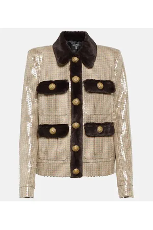 Balmain Jacke mit Pailletten und Faux Fur