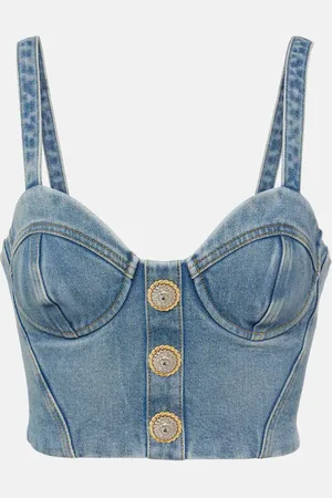 Balmain Cropped-Bustier-Top aus Denim