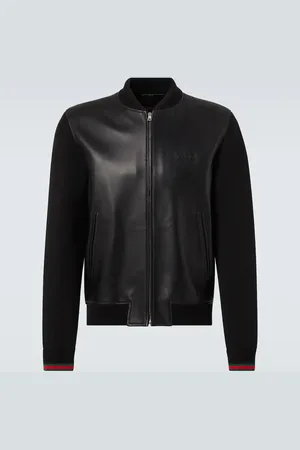 Gucci Bomberjacke Web Stripe aus Leder und Strick