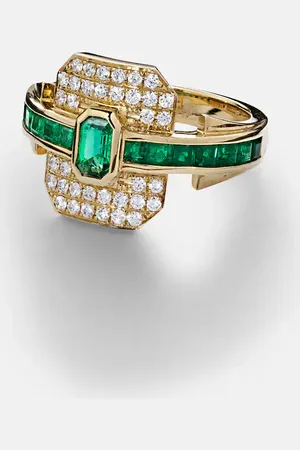 Rainbow K Ring Shield aus 18kt Gelbgold mit Diamanten und Smaragden