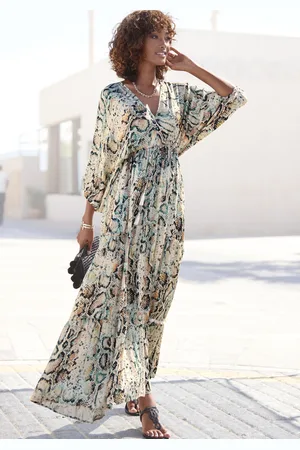 Buffalo Maxikleid, mit Schlangenmuster und V-Ausschnitt, Sommerkleid, causal-chic