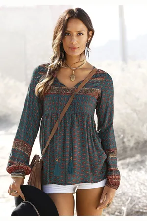 Buffalo Schlupfbluse, mit Ethnodruck und Zierperlen, Boho-Style, Langarmbluse