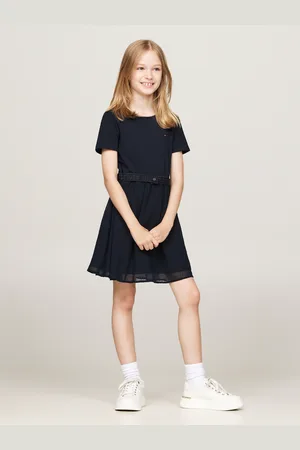 Tommy Hilfiger A-Linien-Kleid »HILFIGER PUNTO TULLE DRESS LS«, mit Logo auf Taillenbund
