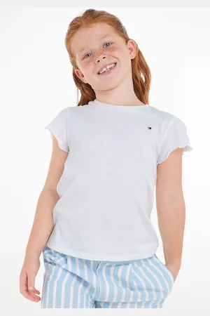 Tommy Hilfiger T-Shirt »ESSENTIAL RUFFLE SLEEVE TOP S/S«, mit Bogenkante, Logostickerei
