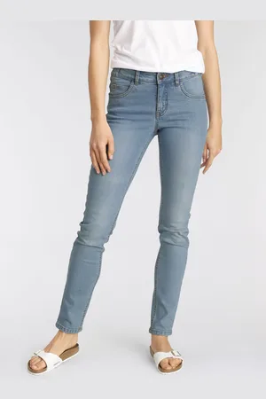 ARIZONA Slim-fit-Jeans »Bund mit seitlichem Gummizugeinsatz«, schmale Passform, Röhrenjeans, Used-Waschung, hohe Leibhöhe