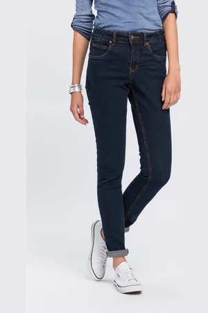 ARIZONA Slim-fit-Jeans »Bund mit seitlichem Gummizugeinsatz«, schmale Passform, Röhrenjeans, Used-Waschung, hohe Leibhöhe