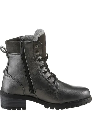 Mustang Schnürboots, Schnürstiefelette, Blockabsatz, in Metallic-Optik, schmale Form