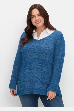Sheego V-Ausschnitt-Pullover »Pullover aus Bändchengarn, mit Krempelärmeln«, aus Bändchengarn, mit Krempelärmeln