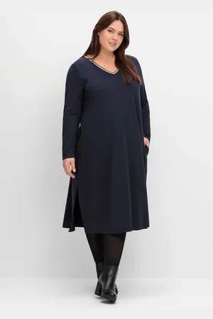 Sheego Jerseykleid »Midikleid in A-Linie, mit Perlendeko am Ausschnitt«, in A-Linie, mit Perlendeko am Ausschnitt