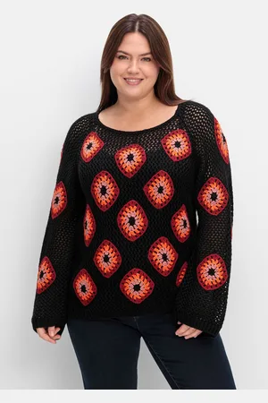 Sheego Rundhalspullover »Häkelpullover im Häkelmuster, mit aufgenähten Rhomben«, im Häkelmuster, mit aufgenähten Rhomben