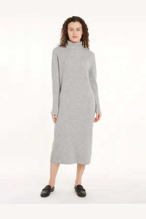 Tommy Hilfiger Strickkleid »WOOL CASH ROLL-NK LONG DRESS«, mit Logostickerei, in Rippoptik