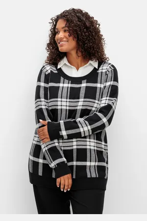 Sheego Rundhalspullover »Karierter Pullover mit Rundhals und Kontrastbündchen«, mit Rundhals und Kontrastbündchen