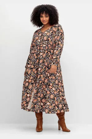 Sheego Maxikleid »Maxikleid mit Blumenprint und gesmokter Taille«, mit Blumenprint und gesmokter Taille