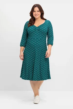 Sheego A-Linien-Kleid »Jerseykleid mit Herzausschnitt und Grafikprint«, mit Herzausschnitt und Grafikprint