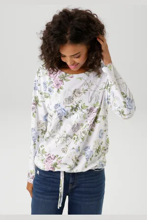 Aniston Langarmshirt, mit silberfarbenen Schriftzug verzierter Rosendruck - NEUE KOLLEKTION