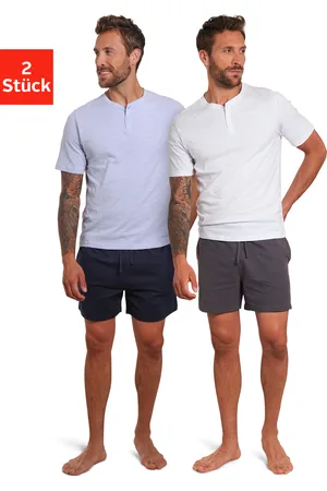 AUTHENTIC LE JOGGER Pyjama, (Packung, 4 tlg., 2 Stück), mit Knopfleiste am Halsausschnitt, Shirt aus strukturierter Baumwolle