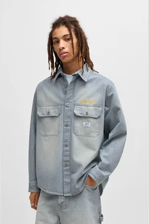 Hugo Blue Langarmhemd »Ebolt«, mit HUGO Badge, Overshirt Skater Baggy Pinstripe