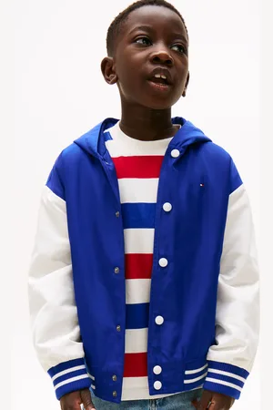 Tommy Hilfiger Bomberjacke »HOODED GRAPHIC BOMBER«, mit Kapuze, mit großem Logo, Kontrast-Streifen