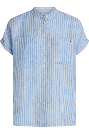 Tommy Hilfiger Kurzarmbluse »ESS LINEN COLLARLESS S/S BLOUSE«, mit Logostickerei,kühlendes Premium Leinen