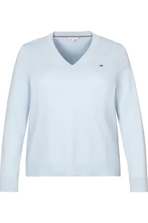 Tommy Hilfiger Strickpullover »CRV CO JERSEY STITCH LS V-NK SWT«, in Großen Größen, Logostickerei, V-Ausschnitt