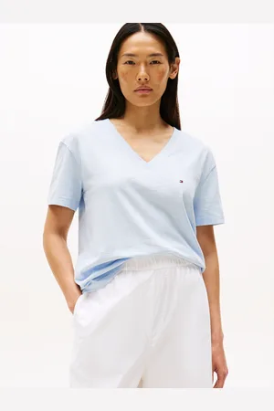 Tommy Hilfiger T-Shirt »SLUB CROP V-NK SS«, mit offener Kante, mit Logostickerei