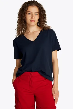 Tommy Hilfiger T-Shirt »SLUB CROP V-NK SS«, mit offener Kante, mit Logostickerei