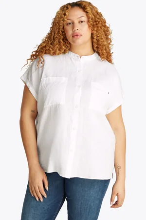 Tommy Hilfiger Klassische Bluse »CRV ESS LI COLLARLESS S/S BLOUSE«, in Großen Größen, Leinenqualität, Logostickerei