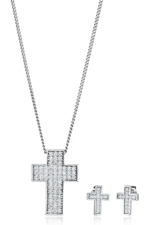 Elli Ohrring und Ketten Set »Schmuckset Kette Ohrstecker Kreuz Zirkonia Weiß 925 Sterling Silber«
