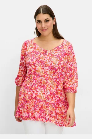 Sheego Druckbluse »Crêpe-Bluse mit weitem Ausschnitt und Volant am Saum«
