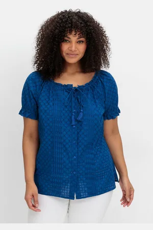 Sheego Kurzarmbluse »Bluse mit Lochstickerei und Carmen-Ausschnitt«