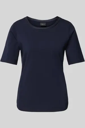 QS by s.Oliver Shaped Fit T-Shirt aus Baumwoll-Mix mit Satin-Besatz am Ausschnitt in , Größe 36