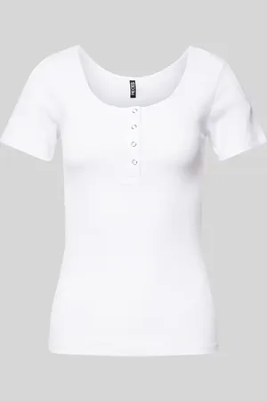 Pieces® Slim Fit T-Shirt aus Baumwoll-Mix mit kurzer Druckknopfleiste Modell 