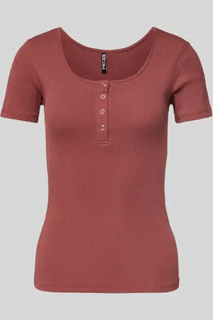Pieces® Slim Fit T-Shirt aus Baumwoll-Mix mit kurzer Druckknopfleiste Modell 