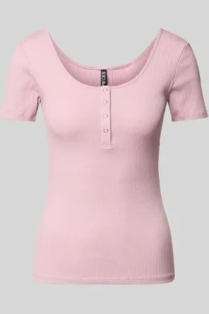 Pieces® Slim Fit T-Shirt aus Baumwoll-Mix mit kurzer Druckknopfleiste Modell 