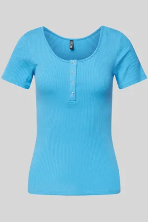 Pieces® Slim Fit T-Shirt aus Baumwoll-Mix mit kurzer Druckknopfleiste Modell 