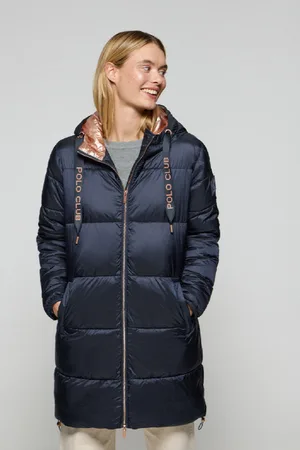 Polo Club® Lange Steppjacke Rose Marineblau Mit Fester Kapuze Und Details - S
