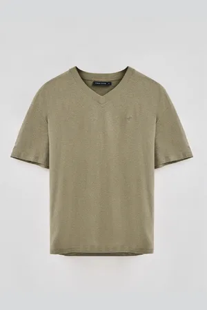 Polo Club® T-Shirt Grün Aus Leinen Und Baumwolle Mit V-Ausschnitt Und Gesticktem Monogramm - S