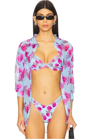 For Love & Lemons KURZARMBLUSE MIT KNOPFVERSCHLUSS FLORAL STEMS in Blue,Purple. Size M, S, XS.